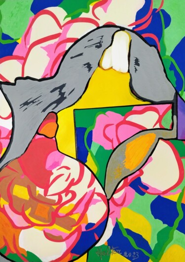 Schilderij getiteld "Deux potirons et fl…" door Alain Halter, Origineel Kunstwerk, Collages