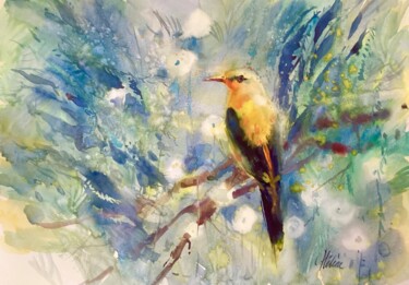 Pintura intitulada "The golden bird" por Helene Manoli, Obras de arte originais, Aquarela