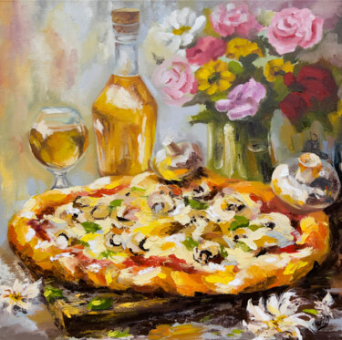 "Pizza Blossom" Ζωγραφική με τίτλο ""Pizza Blossom"" από Alisa Cherkun Drukman, Αυθεντικά έργα τέχνης, Λάδι Τοποθετήθηκε στο Ξύλινο φορείο σ…