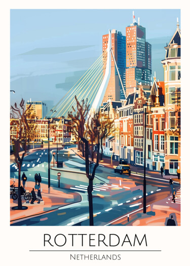 Digitale Kunst getiteld "Rotterdam Cityscape…" door Chun Yu Guan, Origineel Kunstwerk, AI gegenereerde afbeelding Gemonteerd…