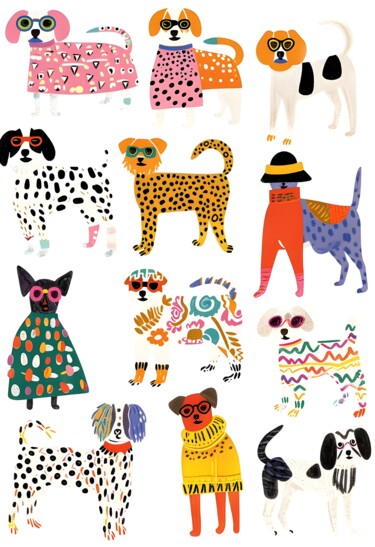 「Stylish Dogs in Fas…」というタイトルのデジタルアーツ 春宇 关によって, オリジナルのアートワーク, AI生成画像 段ボールにマウント