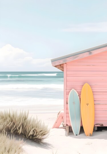 数字艺术 标题为“Pastel Beach Shack…” 由春宇 关, 原创艺术品, AI生成的图像 安装在纸板上