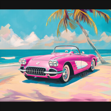 数字艺术 标题为“Pink Classic Car on…” 由春宇 关, 原创艺术品, AI生成的图像 安装在纸板上