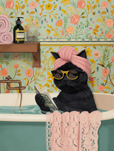 数字艺术 标题为“Chic Cat Relaxing i…” 由春宇 关, 原创艺术品, AI生成的图像 安装在纸板上