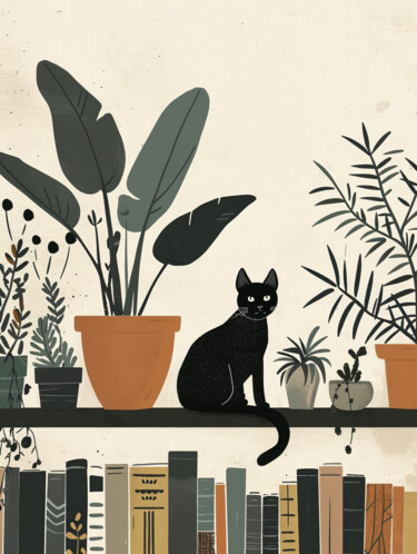 Digitale Kunst mit dem Titel "Cozy Cat Among Book…" von Chun Yu Guan, Original-Kunstwerk, KI-generiertes Bild Auf Karton mon…