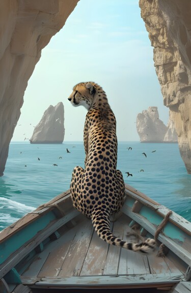 제목이 "Cheetah's Coastal J…"인 디지털 아트 春宇 关로, 원작, AI 생성 이미지 판지에 장착됨