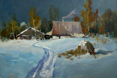 Painting titled "Winter Night Comfort" by Yuriy Suprunchuk, Original Artwork, Oil Mounted on Cardboard