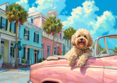 Digitale Kunst getiteld "Pampered Pooch in P…" door Chun Yu Guan, Origineel Kunstwerk, AI gegenereerde afbeelding Gemonteerd…
