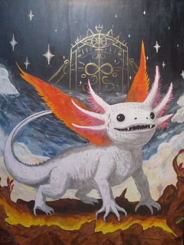 Schilderij getiteld "Dieu Axolotl" door Roms, Origineel Kunstwerk, Acryl Gemonteerd op Frame voor houten brancard