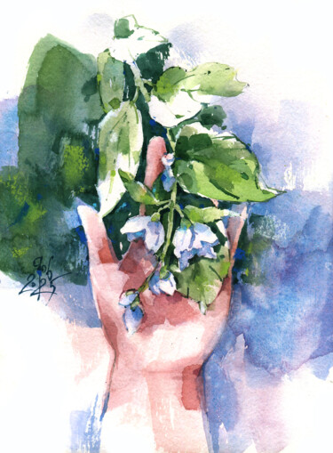 Картина под названием "Jasmine. Nature's S…" - Ksenia Selianko, Подлинное произведение искусства, Акварель