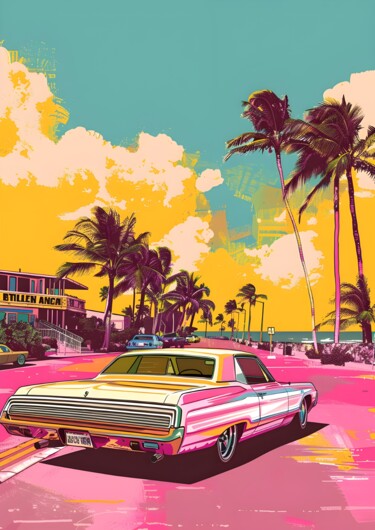 数字艺术 标题为“Vibrant Retro Road…” 由春宇 关, 原创艺术品, AI生成的图像 安装在纸板上