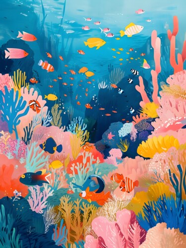 数字艺术 标题为“Colorful Coral Reef…” 由春宇 关, 原创艺术品, AI生成的图像 安装在纸板上