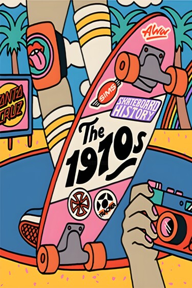 数字艺术 标题为“Vibrant '70s Skateb…” 由春宇 关, 原创艺术品, AI生成的图像 安装在纸板上
