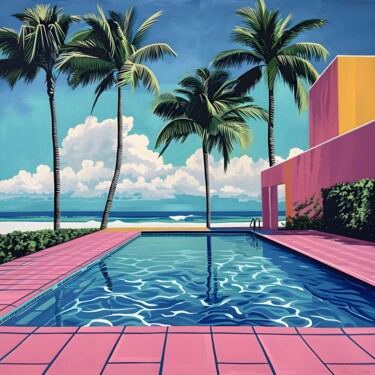 数字艺术 标题为“Vibrant Poolside Re…” 由春宇 关, 原创艺术品, AI生成的图像 安装在纸板上