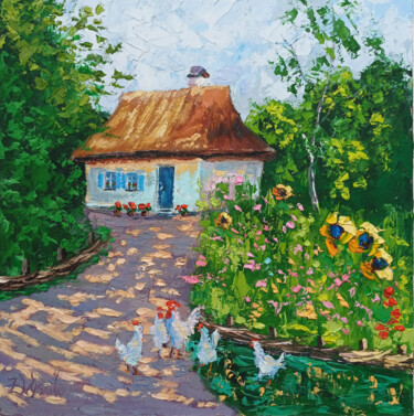 A Yard Where Summer Lives. Painting titled "A Yard Where Summer…" by Zina Vysota, Original Artwork, Oil Mounted on Cardboard