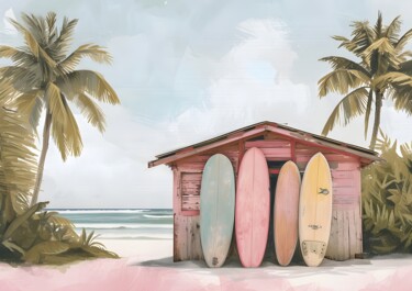 数字艺术 标题为“Tropical Surf Shack…” 由春宇 关, 原创艺术品, AI生成的图像 安装在纸板上