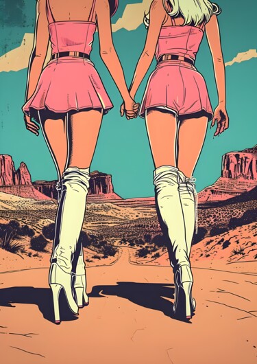 数字艺术 标题为“Desert Twins in Pin…” 由春宇 关, 原创艺术品, AI生成的图像 安装在纸板上
