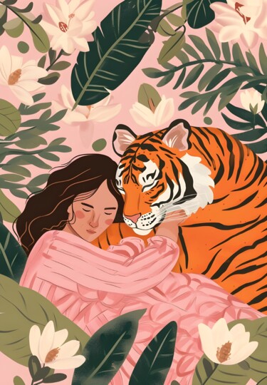 数字艺术 标题为“Tiger's Embrace: Se…” 由春宇 关, 原创艺术品, AI生成的图像 安装在纸板上