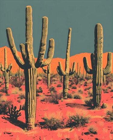 数字艺术 标题为“Desert Oasis: Cacti…” 由春宇 关, 原创艺术品, AI生成的图像 安装在纸板上