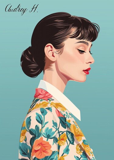 数字艺术 标题为“Audrey H. in Floral…” 由春宇 关, 原创艺术品, AI生成的图像 安装在纸板上