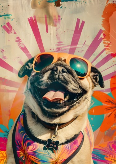 数字艺术 标题为“Cool Pug in Sunglas…” 由春宇 关, 原创艺术品, AI生成的图像 安装在纸板上