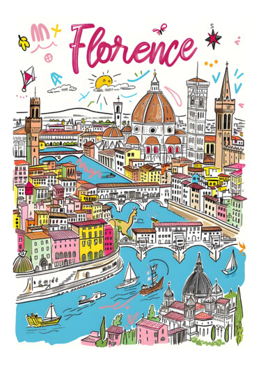 数字艺术 标题为“Florence Cityscape:…” 由春宇 关, 原创艺术品, AI生成的图像 安装在纸板上