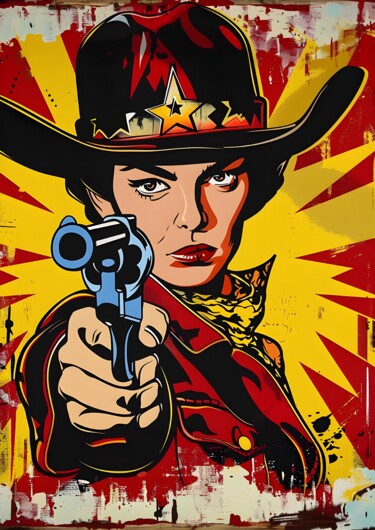 数字艺术 标题为“Cowgirl with a Gun…” 由春宇 关, 原创艺术品, AI生成的图像 安装在纸板上