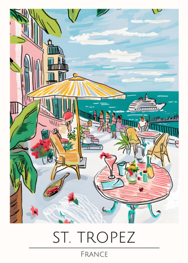 数字艺术 标题为“St. Tropez Coastal…” 由春宇 关, 原创艺术品, AI生成的图像 安装在纸板上