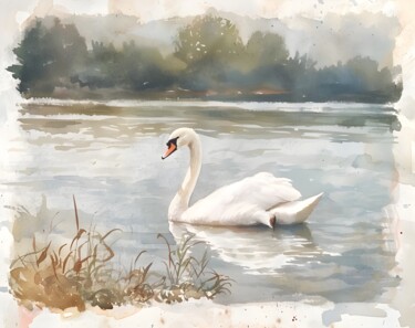 数字艺术 标题为“Elegant Swan on Ser…” 由春宇 关, 原创艺术品, AI生成的图像 安装在纸板上