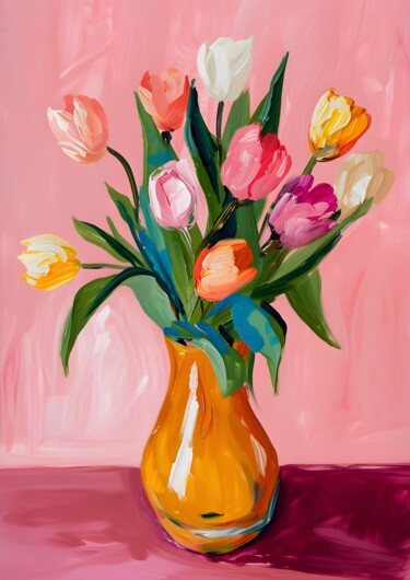Digitale Kunst getiteld "Vibrant Tulips in a…" door Chun Yu Guan, Origineel Kunstwerk, AI gegenereerde afbeelding Gemonteerd…