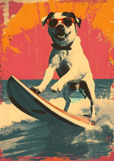 数字艺术 标题为“Cool Pug Surfing in…” 由春宇 关, 原创艺术品, AI生成的图像 安装在纸板上