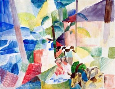 Abstract Landscape with Geometric Forms and Animals 数字艺术 标题为“Abstract Landscape…” 由春宇 关, 原创艺术品, AI生成的图像 安装在纸板上
