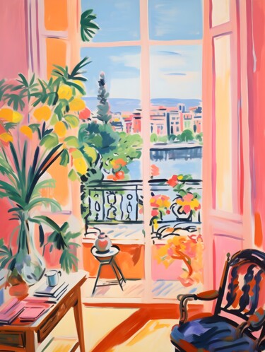 数字艺术 标题为“Cozy Balcony View w…” 由春宇 关, 原创艺术品, AI生成的图像 安装在纸板上
