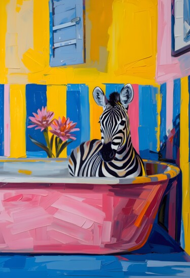 数字艺术 标题为“Zebra in a Bathtub:…” 由春宇 关, 原创艺术品, AI生成的图像 安装在纸板上