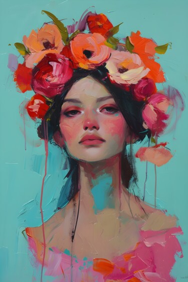 数字艺术 标题为“Floral Crown Beauty…” 由春宇 关, 原创艺术品, AI生成的图像 安装在纸板上