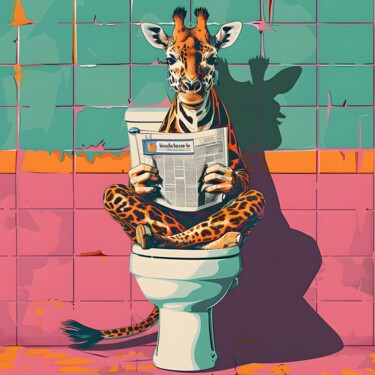 数字艺术 标题为“Giraffe Reading on…” 由春宇 关, 原创艺术品, AI生成的图像 安装在纸板上