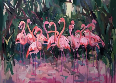 「Pink Flamingo Gathe…」というタイトルのデジタルアーツ 春宇 关によって, オリジナルのアートワーク, AI生成画像 段ボールにマウント