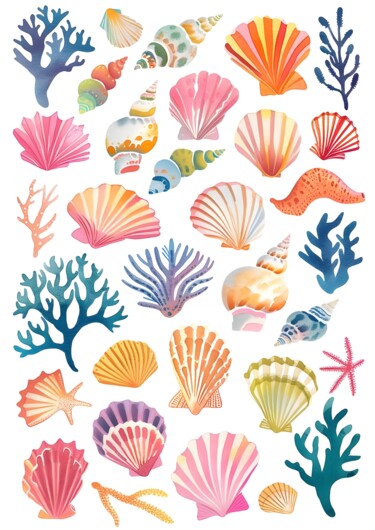 数字艺术 标题为“Colorful Seashells…” 由春宇 关, 原创艺术品, AI生成的图像 安装在纸板上
