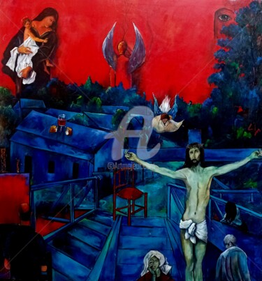 Painting titled "Cristo da Ponte" by José Claudinei Da Cruz, Original Artwork, Oil Mounted on Wood Stretcher frame
