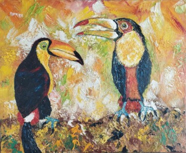 Pittura intitolato "COUPLE TOUCAN (II)" da Raphael Marras, Opera d'arte originale, Olio Montato su Telaio per barella in leg…