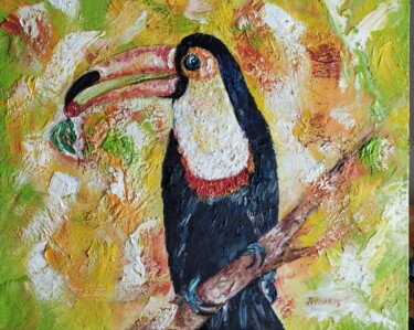 「TOUCAN (IV)」というタイトルの絵画 Raphael Marrasによって, オリジナルのアートワーク, オイル ウッドストレッチャーフレームにマウント