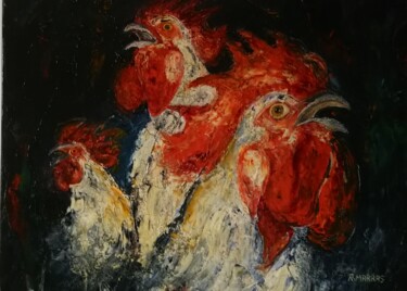 Pittura intitolato "les 3 coqs" da Raphael Marras, Opera d'arte originale, Olio Montato su Telaio per barella in legno