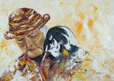 Pittura intitolato "MAMIE ET SON CHAT" da Raphael Marras, Opera d'arte originale, Olio Montato su Telaio per barella in legno