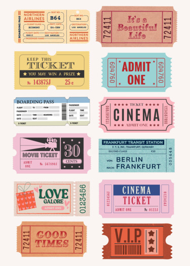 数字艺术 标题为“Vintage Tickets Col…” 由春宇 关, 原创艺术品, AI生成的图像 安装在纸板上