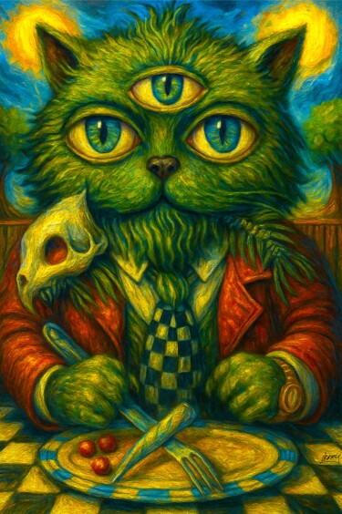 Schilderij getiteld "3rd Eye Cat" door Spencer Derry, Origineel Kunstwerk, AI gegenereerde afbeelding