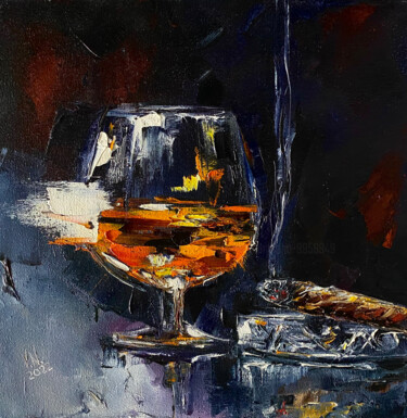 Cognac and cigar "Cognac and cigar" başlıklı Tablo Volodymyr Nezdiimynoha tarafından, Orijinal sanat, Petrol Ahşap Sedye çerçevesi üzerine mo…