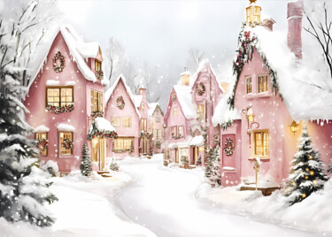 数字艺术 标题为“Snowy Pink Village…” 由春宇 关, 原创艺术品, AI生成的图像 安装在纸板上