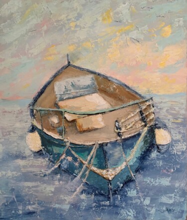 Painting titled "Old boat by summer…" by Dora Kalinova, Original Artwork, Oil Mounted on Wood Stretcher frame