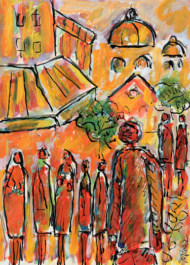 Malerei mit dem Titel "Walking Paris" von Jean Mirre, Original-Kunstwerk, Öl
