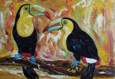 绘画 标题为“couple toucans” 由Raphael Marras, 原创艺术品, 油 安装在木质担架架上